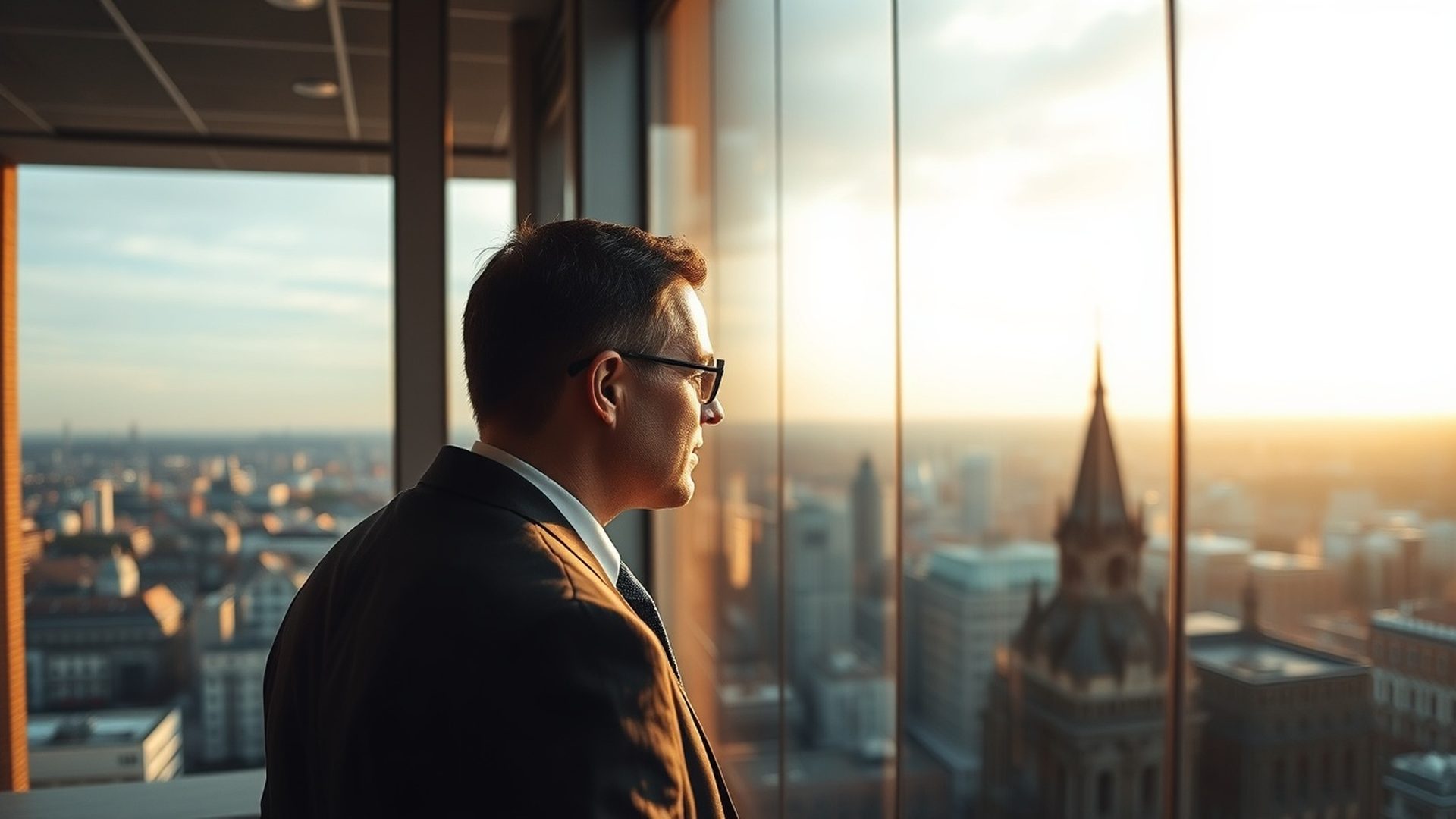 Panorama Poznania widziana z gabinetu doradcy majątkowego o złotej godzinie